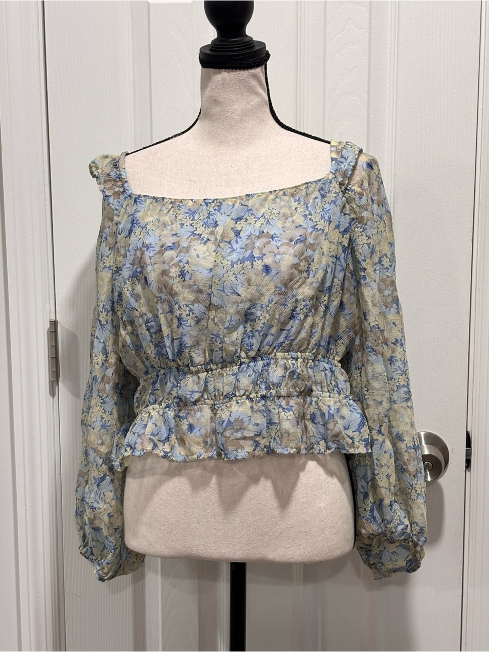 🔵⚪️Astr Sheer Floral Smocked Peasant Top in Blue and Cream - Picture 2 of 10